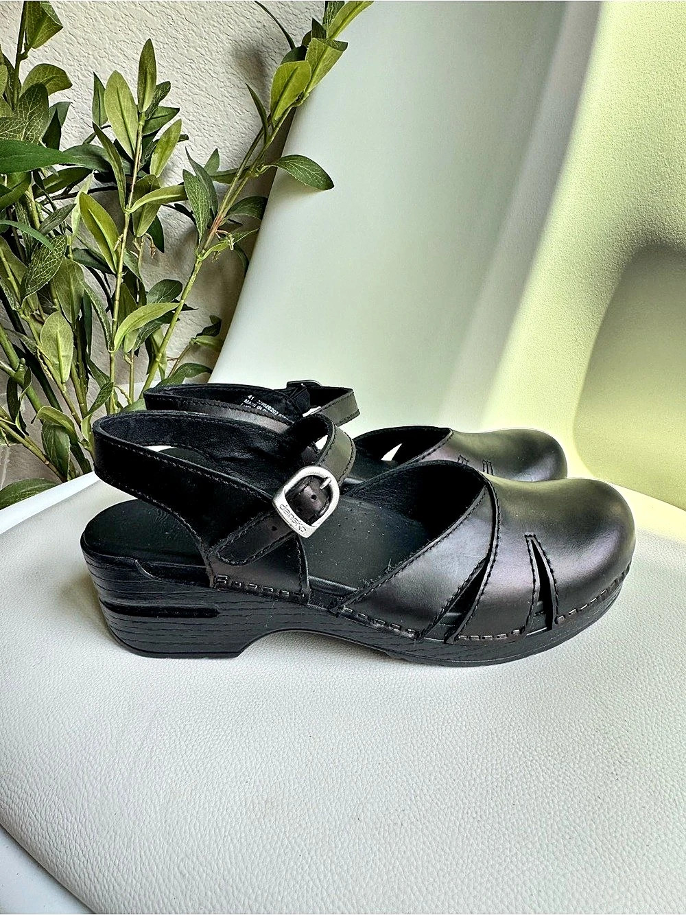 Dansko Tasha Black Leather Slingback Wedge Sandal Leather Mary Jane Clogs in